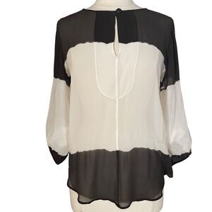 Language Black White 100% Silk Top Blouse M Lagenlook‎ Sheer Balloon 3/4 Sleeve
